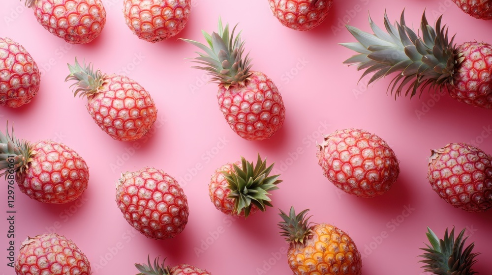 Poster vibrant pink backdrop adorned with a delightful array of exotic pineapple fruits creating a tropical