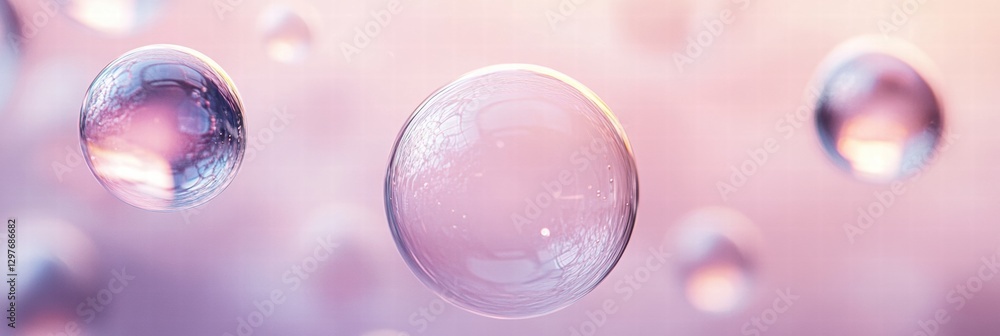 Poster Colorful soap bubbles floating in the air with soft pastel background creating a dreamy atmosphere. Generative AI