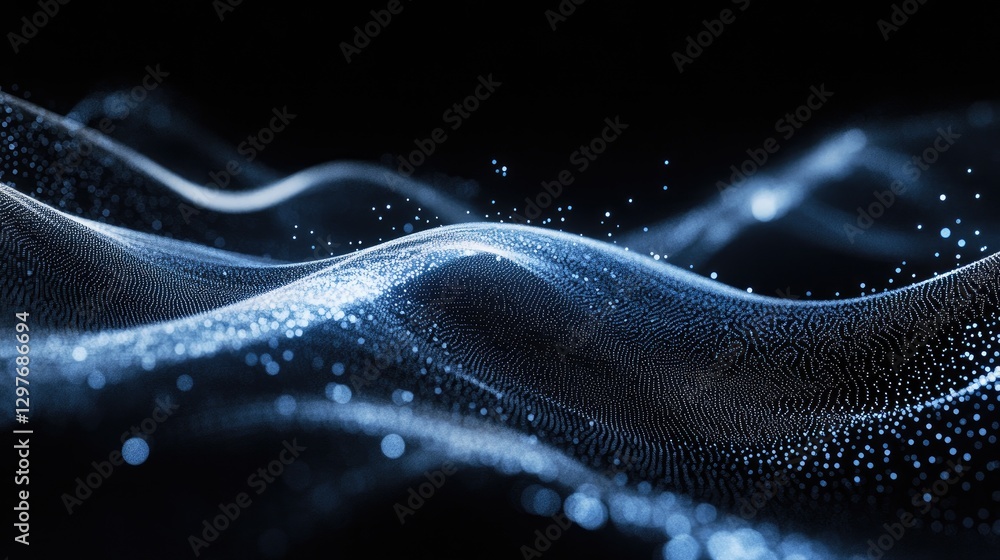 Poster Abstract wave of glowing blue particles in dark space, representing futuristic technology and data visualization. Ideal for AI, big data, and digital innovation themes