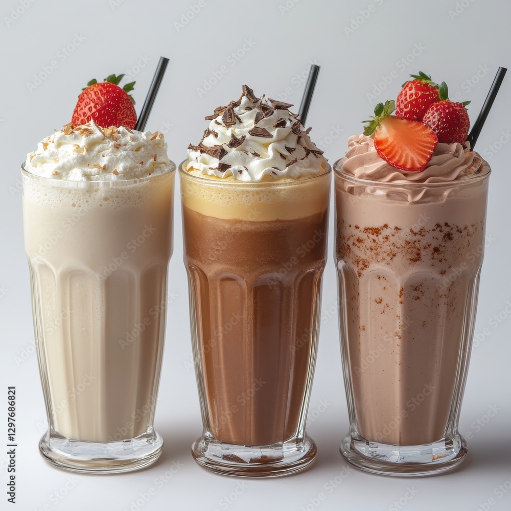 Poster Delicious and Refreshing Milkshakes with Whipped Cream and Strawberries Captured in a Studio Setting