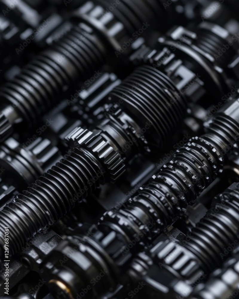 Poster close-up detailed shot of intricate black gears and components, showcasing precision engineering and