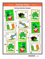 St Patrick's Day picture puzzle with postage stamps: Can you spot two identical postage stamps? Answer included.
