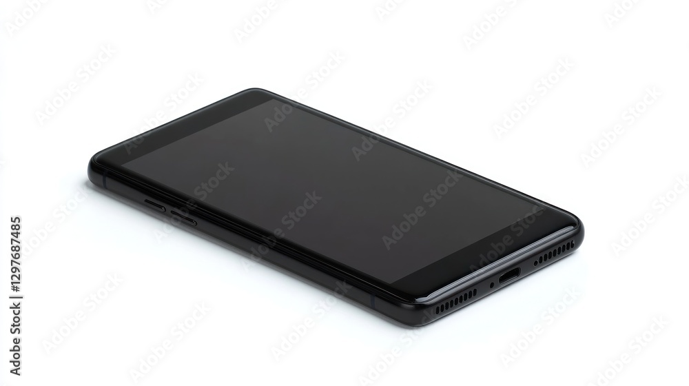 Poster black cellphone resting diagonally on a clean white surface, creating shadows and a sense of depth