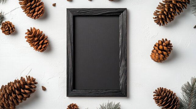 Empty black frame surrounded by pinecones and evergreen sprigs on a textured white background - Powered by Adobe