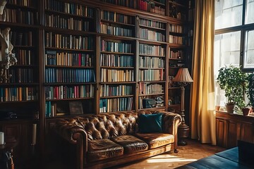 Interior of modern living room with brown walls, wooden floor, comfortable white sofa and bookcase
