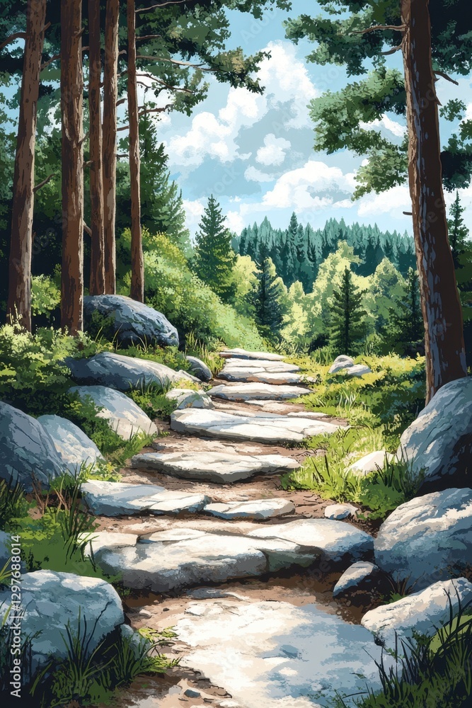 Poster serene forest path with stone steps leading through tall trees under a bright sky creating a peacefu