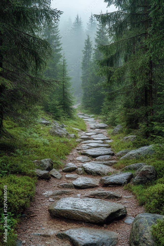 Poster serene stone path winding through a misty forest with tall pine trees creating a peaceful and natura