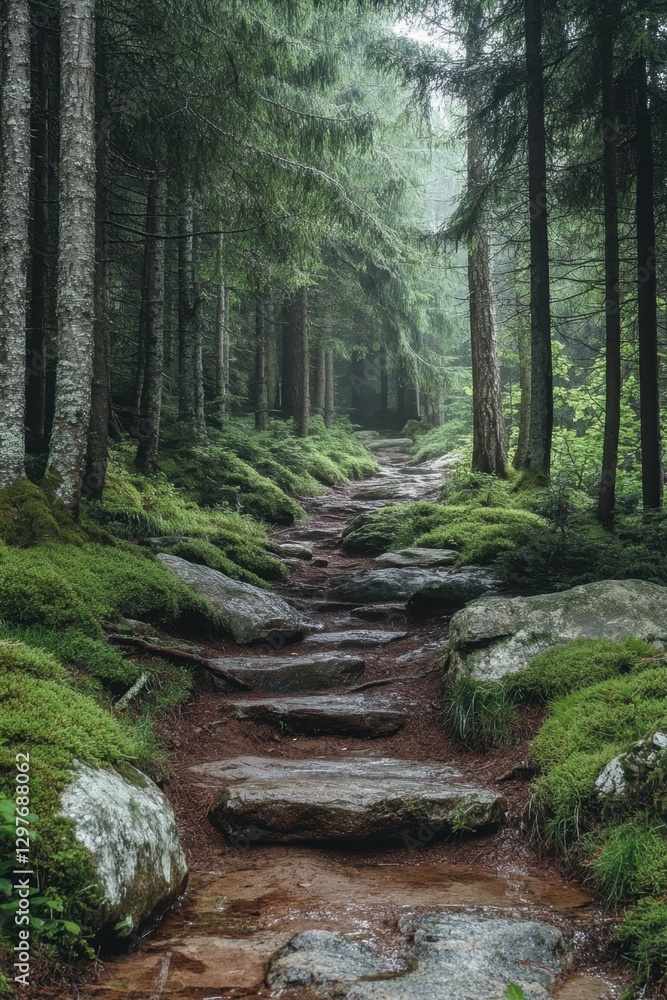 Poster enchanting forest path through verdant woodland with mossy rocks and towering trees in a tranquil na