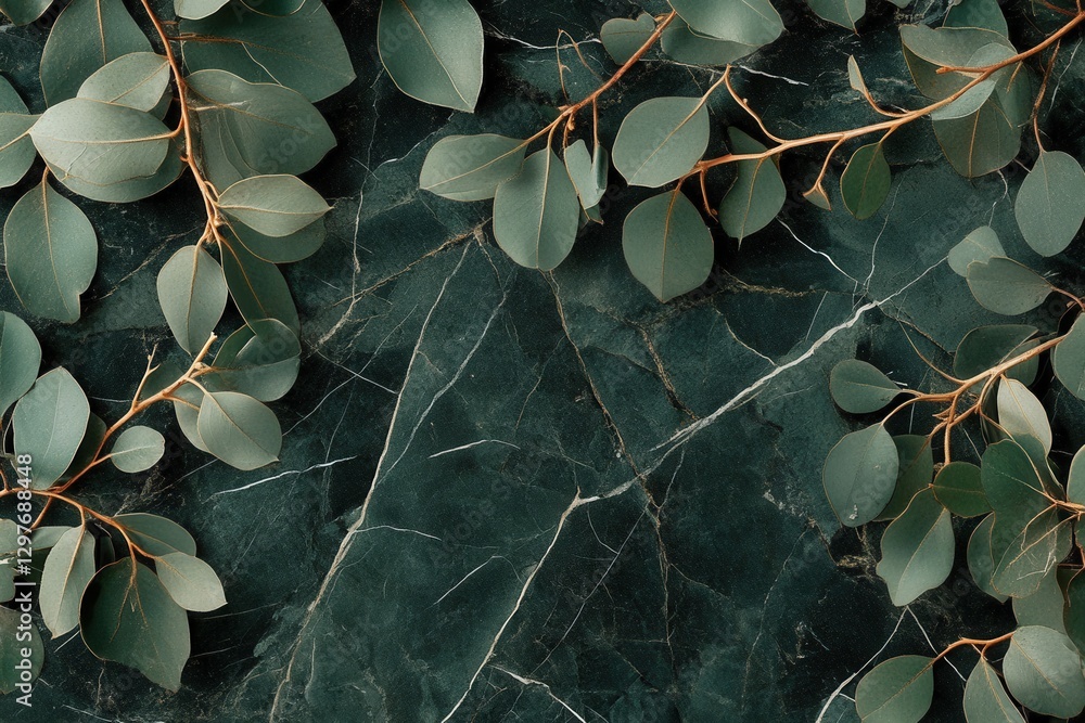 Aufkleber eucalyptus branches on dark green marble texture serene natural backdrop for elegant design projects