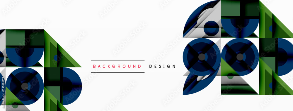 Poster Geometric abstract composition with intersecting shapes, circles, triangles, and gradients, blending vibrant colors and dynamic contrasts to create a modern, futuristic visual design