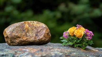 Rock and flowers on a stone surface. Outdoor scene. Possible use Memorial, sympathy card
