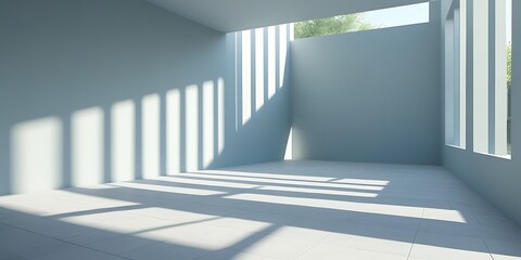 Obraz premium Minimalist empty room with large floor-to-ceiling windows, natural sunlight casting geometric shadows on the floor, modern architecture, and a spacious, bright, and clean design 