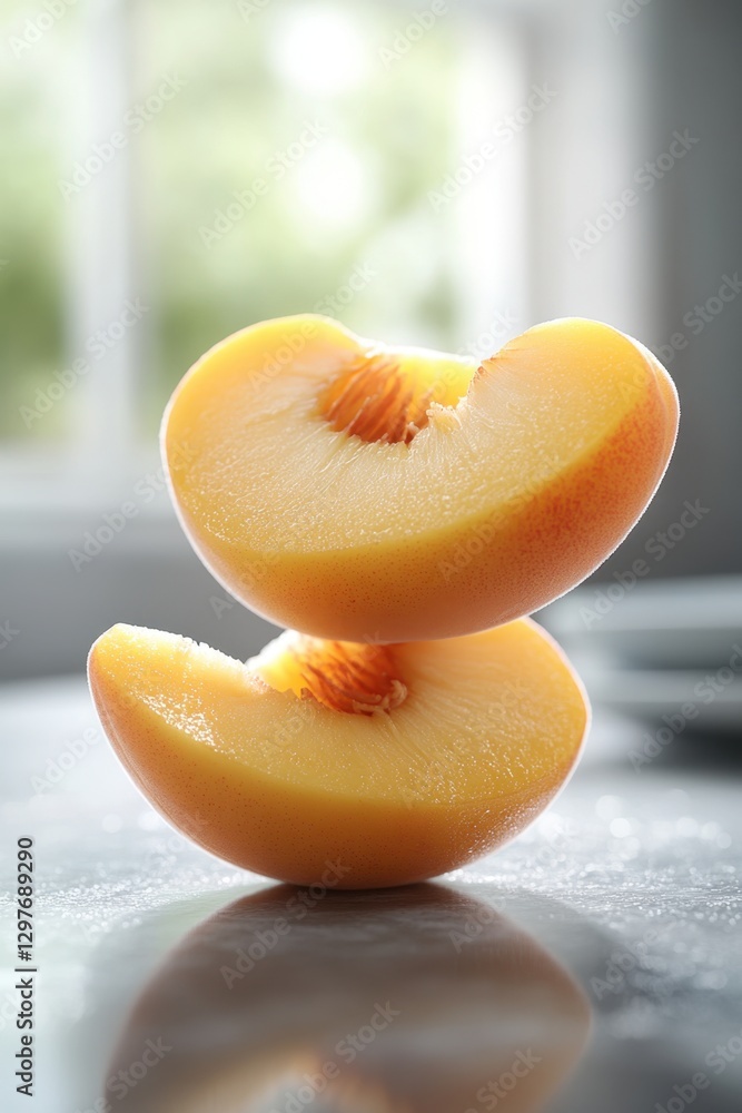 Poster two peach halves stacked in delicate balance reflecting light in a kitchen setting with a window bac