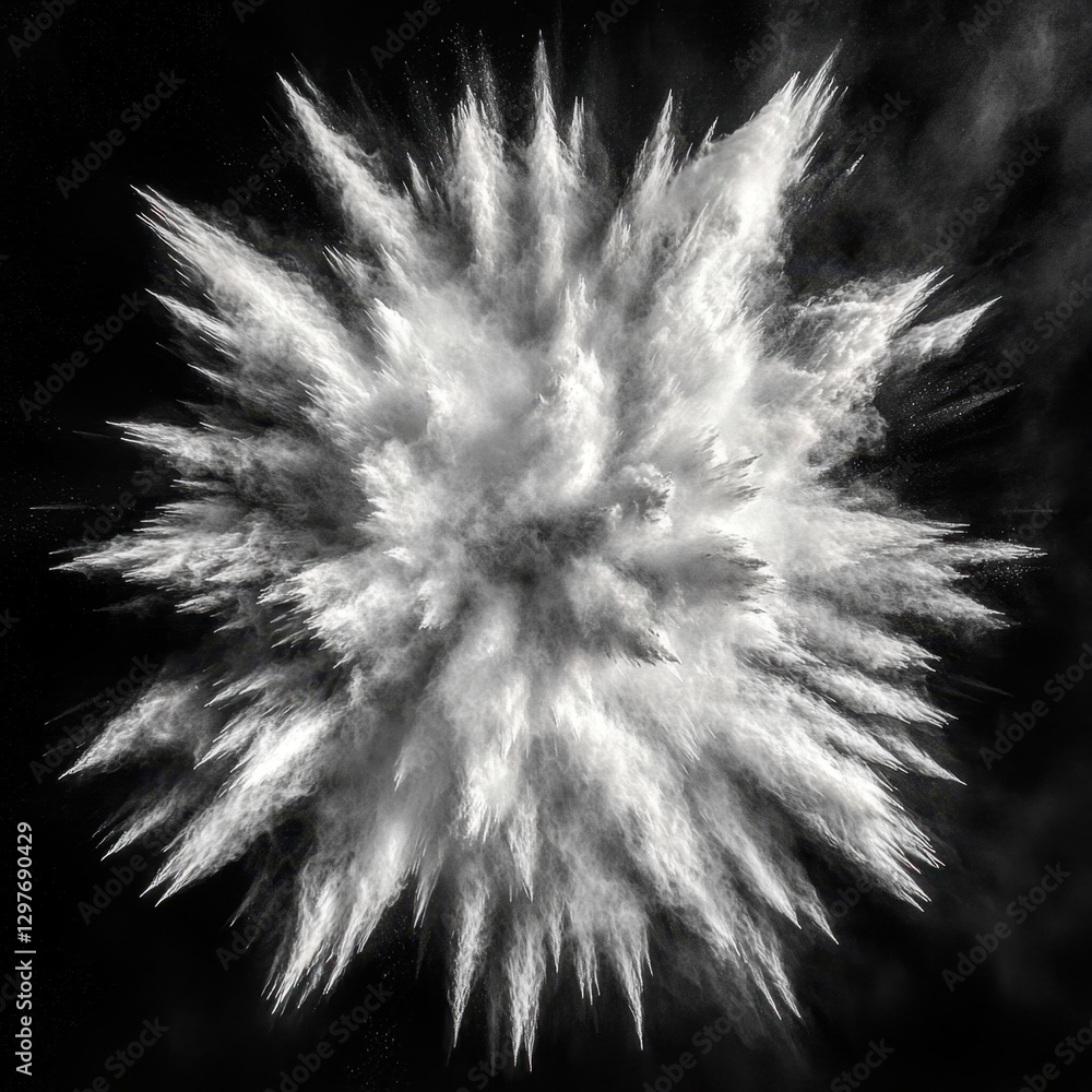Poster ethereal explosion of white powder against a stark black background creating a dramatic and captivat