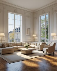 Elegant living room with classic interior design, large windows, luxurious beige furniture, and warm lighting, creating a sophisticated, spacious, and inviting home atmosphere
