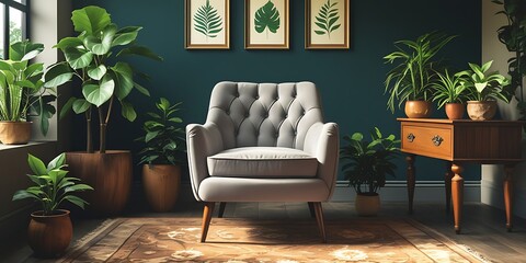 Stylish reading corner with mid-century modern armchair, wooden side table, and lush indoor plants, creating a cozy and elegant home interior with natural green decor and soft lighting
