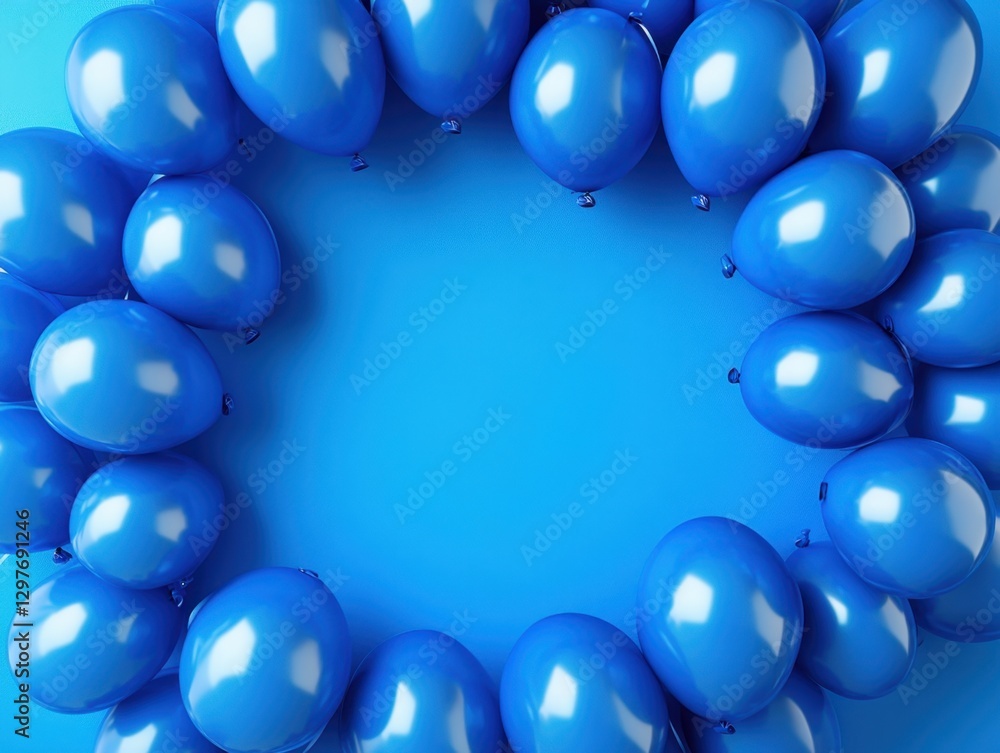 Poster vibrant blue balloons arranged in a festive circle on a matching blue background creating a joyful a
