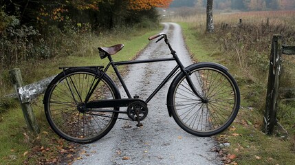 Fototapeta premium Vintage bicycle on country road with autumnal foliage