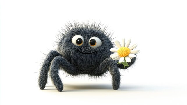 Fluffy spider smiles, holds daisy, against clean white background - Powered by Adobe