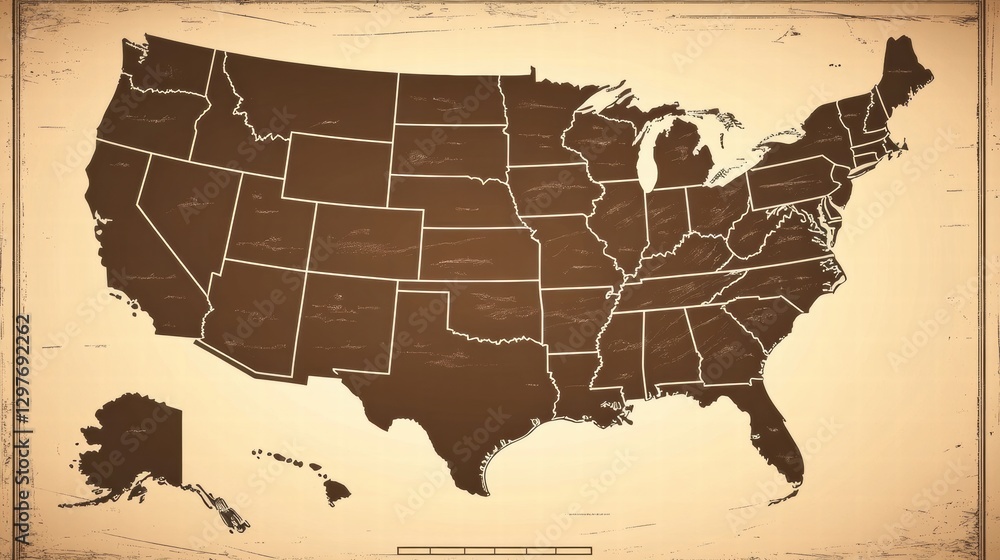 Aufkleber united states map with highlighted states in a vintage brown design from an unspecified time period.