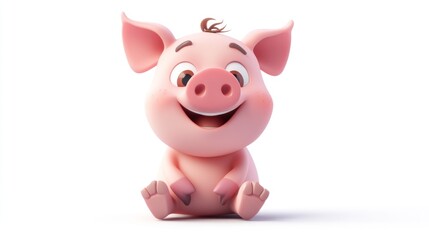 Fototapeta premium Cute pink piglet sits smiling on white background. Animation style