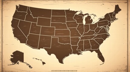 United States map with highlighted states in a vintage brown design from an unspecified time period. Generative AI