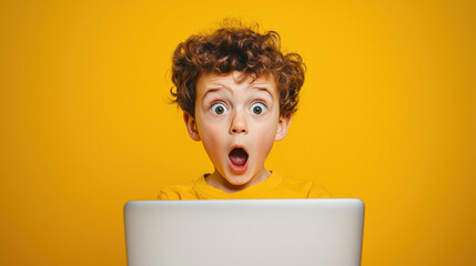 The concept of curiosity and surprise. A scared little boy looks at the laptop with his mouth open and his eyes wide open, as if he is surprised or shocked by something he saw on the screen