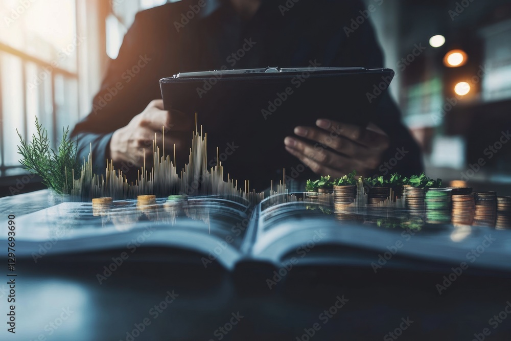 Poster a man is holding a tablet with a graph on it