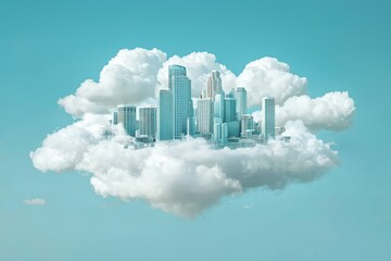 Fototapeta premium Dreamy Urban Skyline Surrounded by Soft Fluffy Clouds in Blue Sky