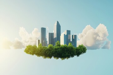 Fototapeta premium Floating City Concept with Lush Greenery and Clear Sky in Background