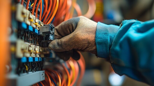 A gloved hand working on an electrical panel with wires and circuits