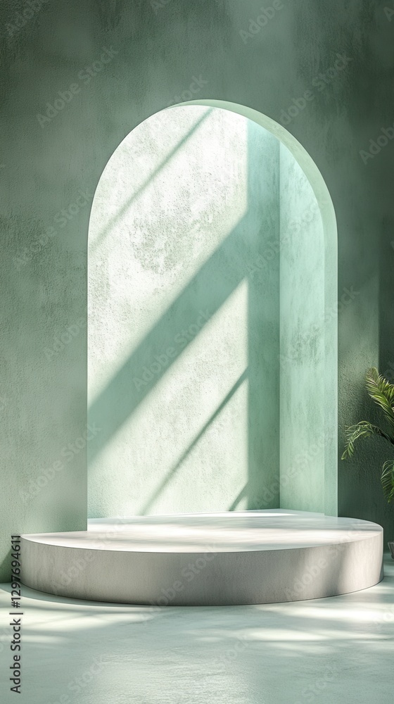 Poster abstract interior with minimalist archway and podium in soft green tones for product display and pre