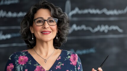 Confident woman with glasses presenting in front of chalkboard