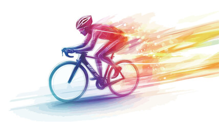 The image is a stylized illustration of a cyclist riding a road bike. The cyclist and bicycle are depicted in a rainbow of colors, with a motion blur effect suggesting high speed.  The background