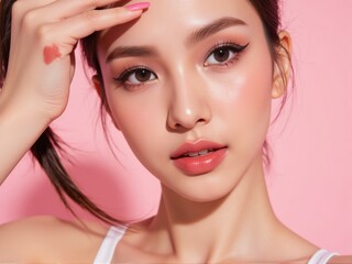 Fototapeta premium close-up beauty portrait of a fashion model with medium wavy pink-dyed hair, showcasing creative makeup, a seductive expression, and glossy lips against a soft pink background.
