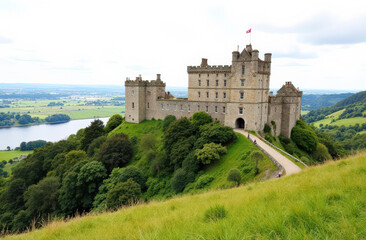 Obraz premium Historic scottish castle on lush hilltop overlooking landscape and river