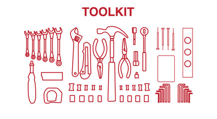 a set of repair tool kit box illustration line art handrawing outline vector