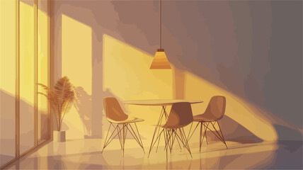 Naklejka premium The image depicts a minimalist dining area bathed in warm, golden sunlight streaming through a large window. A round table with four mid-century modern style chairs is the focal point. A pendant
