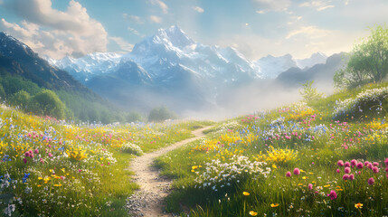 Obraz premium shot of a nature trail running through a meadow, with wildflowers blooming on either side and a distant mountain range in the background 