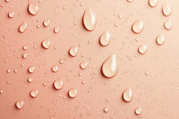 Serene water droplets on a smooth peach surface creating a refreshing and clean aesthetic with a minimalist style and soft lighting