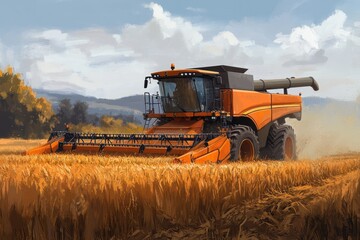 Fototapeta premium A large orange combine harvester is driving through a field of golden wheat