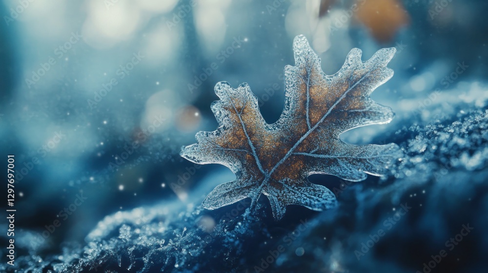 Poster frozen leaf resting on frosty log in cool, ethereal winter forest background with sparkling specks