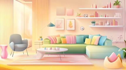 there is a colorful couch in a living room with a table