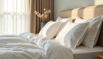 White bed linens in sunlit bedroom for hotel websites