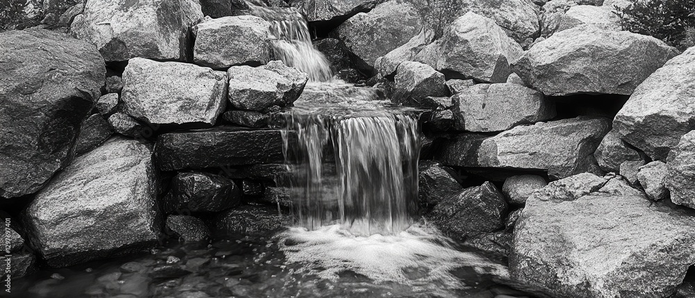 Poster serene monochrome waterfall cascading through rugged rocks creating a peaceful and tranquil scene in