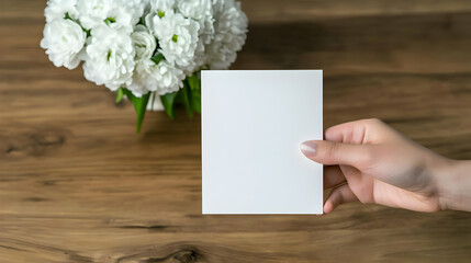 Obraz premium Woman's hand holding blank card; flowers, wood table background; mockup