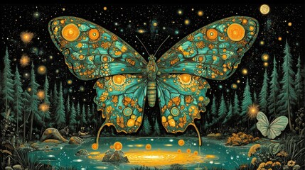 A large, colorful butterfly with orange and blue patterns is shown in a forest setting, with a smaller butterfly nearby.