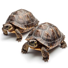 Obraz premium Two tortoises side-by-side on white.