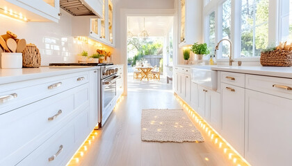 Fototapeta premium Bright white kitchen, open to patio