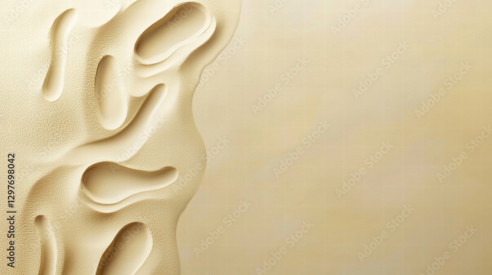 Poster sand art formation with abstract shapes and smooth textures on a beige background during daylight. g